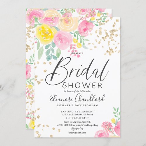 Pink yellow roses floral script bridal shower invitation