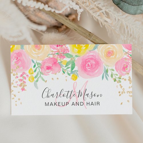 Pink yellow roses floral watercolor gold makeup business card