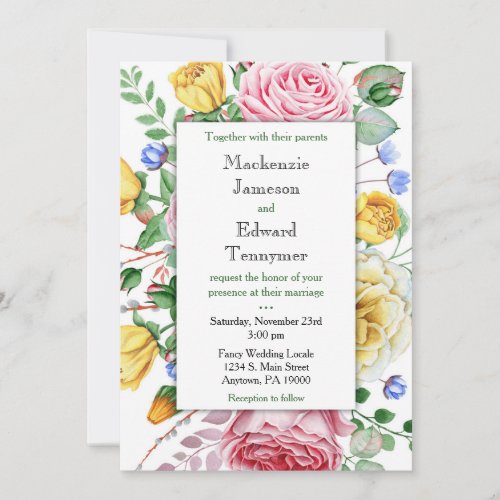 Pink Yellow Roses Floral Wedding Invitation