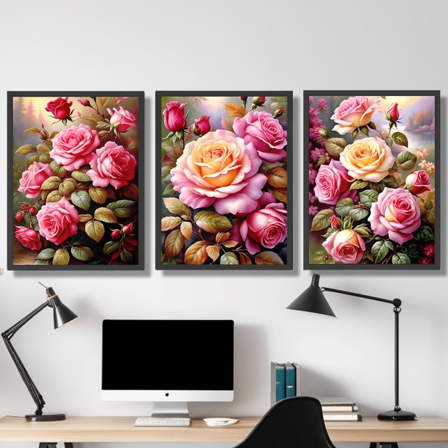 Pink Yellow Roses Landscape Watercolor Art Wall Art Sets (Black Frame)
