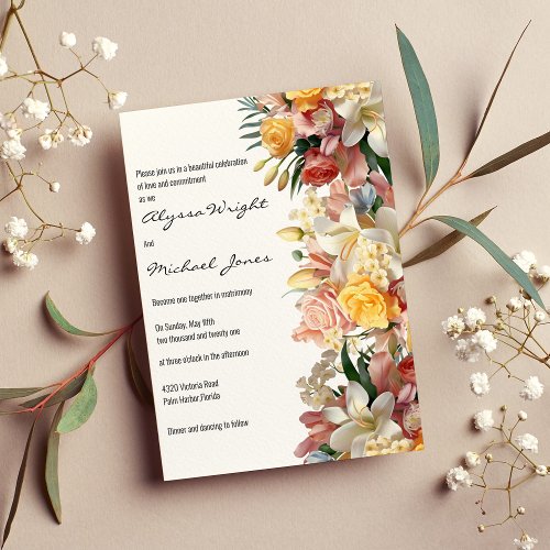 Pink yellow roses lilies orchids floral Wedding  Invitation
