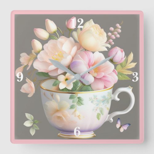 Pink  Yellow Roses Tulips Pretty Teacup Square Wall Clock
