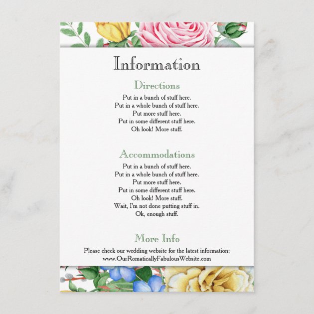 Pink Yellow Roses Wedding Information Details Enclosure Card