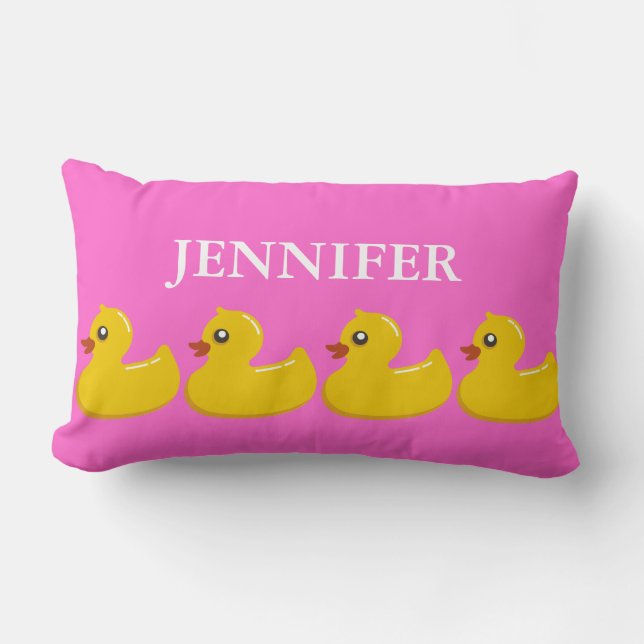 Pink, Yellow Rubber Ducky with Girl's Name Lumbar Pillow (Front)