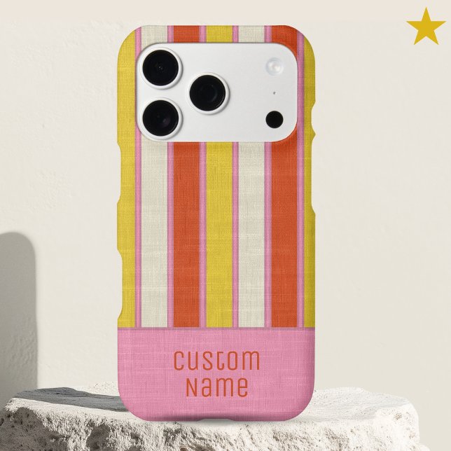 Pink Yellow Rust Preppy Bold Stripes Custom Name  iPhone Case (Creator Uploaded)