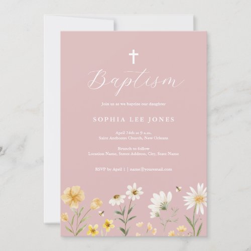 Pink Yellow Spring Floral Baptism Invitation