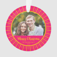 Pink Yellow Starburst Merry Christmas Photo Ornament