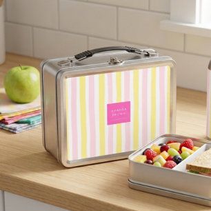 Pink & Yellow Stripped Elegant Simple Trendy Metal Lunch Box