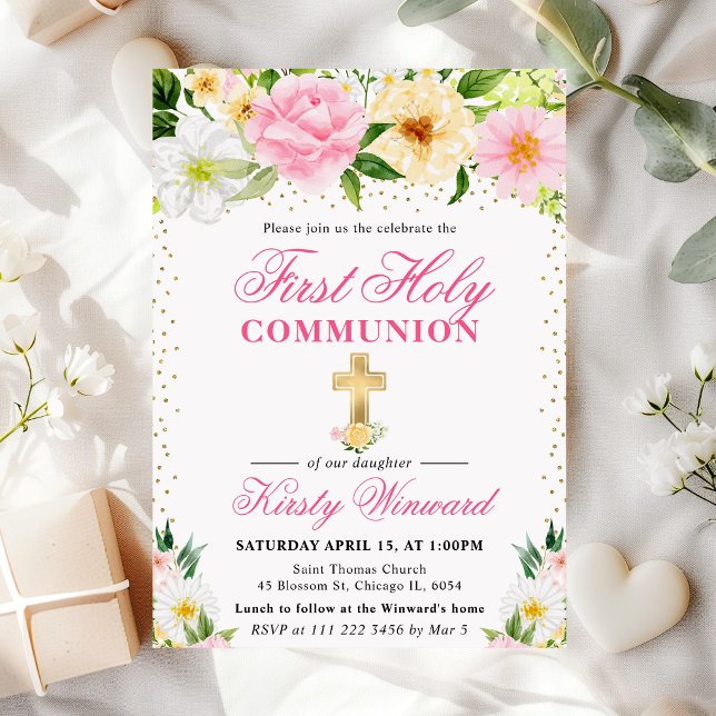 Pink & Yellow Summer Flowers First Holy Communion Invitation (Creator Uploaded)