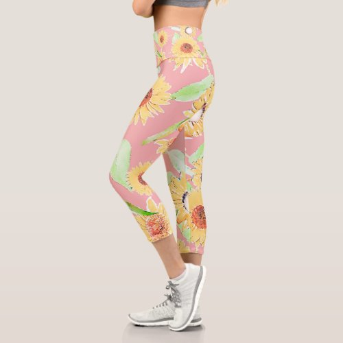 Pink Yellow Sunflowers Watercolor Floral Capri Leggings