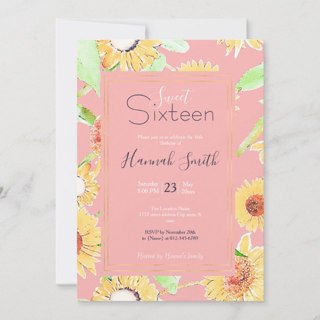 Pink Yellow Sunflowers Watercolor Floral Invitation (Front)