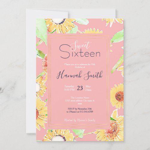 Pink Yellow Sunflowers Watercolor Floral Invitation