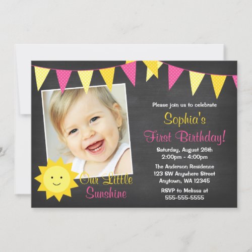 Pink Yellow Sunshine Chalkboard Photo Birthday Invitation