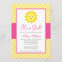 Pink Yellow Sunshine Chevron Girl Baby Shower Invitation