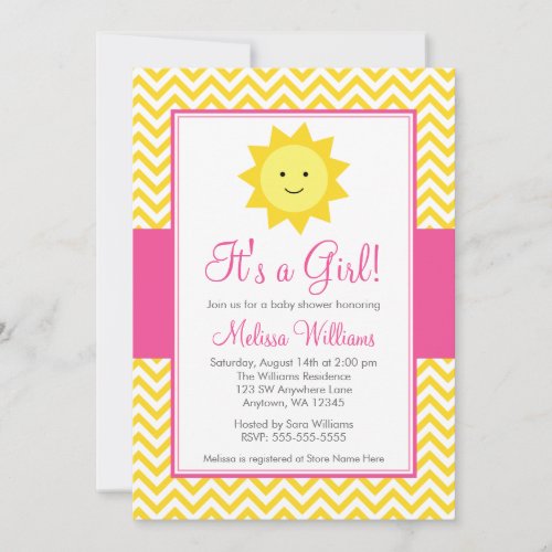 Pink Yellow Sunshine Chevron Girl Baby Shower Invitation