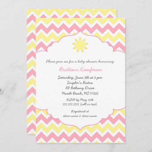 Pink Yellow Sunshine girl baby shower Invitation