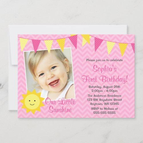 Pink Yellow Sunshine Photo Birthday Invitation