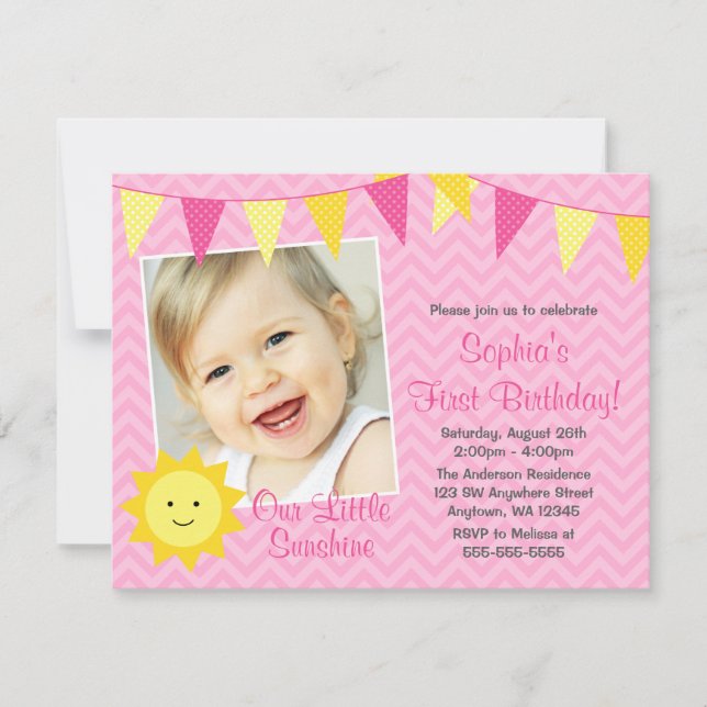 Pink Yellow Sunshine Photo Birthday Invitation (Front)