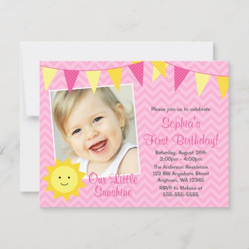Pink Yellow Sunshine Photo Birthday Invitation
