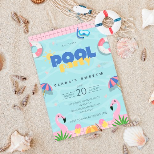 Pink &amp; Yellow Sweet 16 Summer Pool Party  Invitation