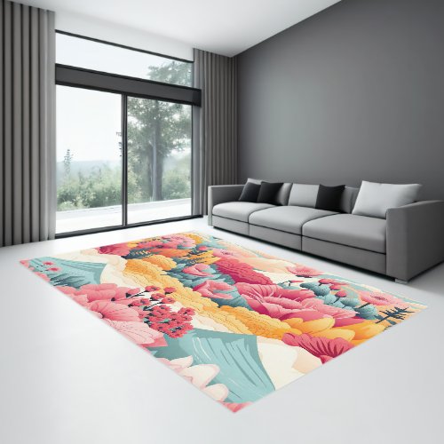 Pink Yellow Teal Flowers Mountains Rug