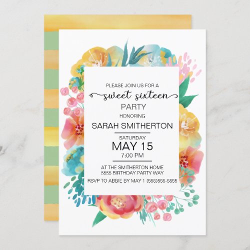 Pink Yellow Teal Flowers on White Sweet Sixteen Invitation