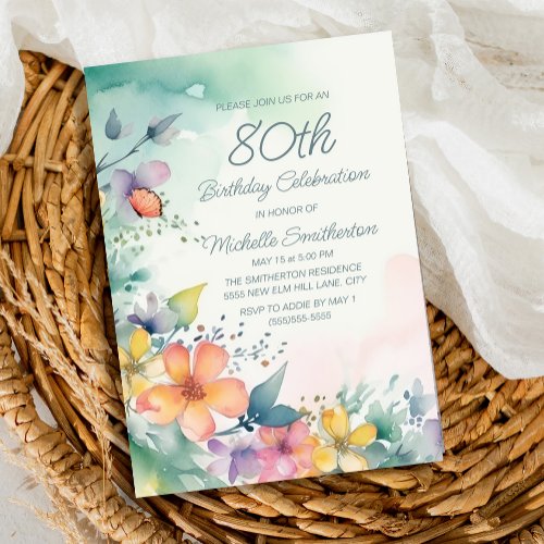 Pink Yellow Teal Pastel Floral 80th Birthday Invitation