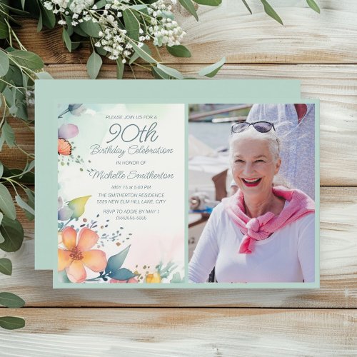 Pink Yellow Teal Pastel Floral 90th Birthday Photo Invitation