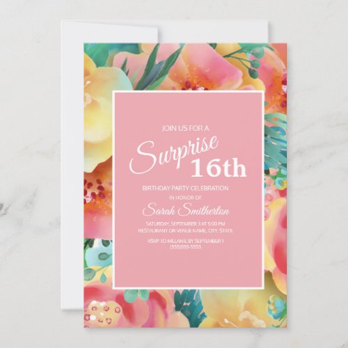 Pink Yellow Teal Watercolor Floral 16th Birthday Invitation