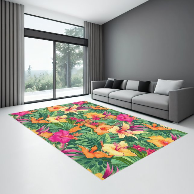 Pink, yellow topical flowers and leaves pattern rug (Insitu (Indoor 3))