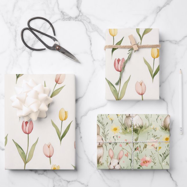 Pink Yellow Tulip Flowers Easter Wrapping Paper Sheets (Front)