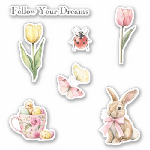 Pink Yellow Tulips Butterflies Bunny Chick Ladybug Sticker