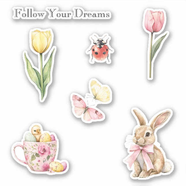 Pink Yellow Tulips Butterflies Bunny Chick Ladybug Sticker (Front)