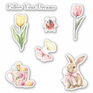 Pink Yellow Tulips Butterflies Bunny Ladybug Sticker