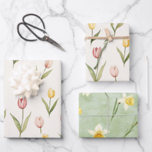 Pink Yellow Tulips Daffodils Flowers Birthday Wrapping Paper Sheets
