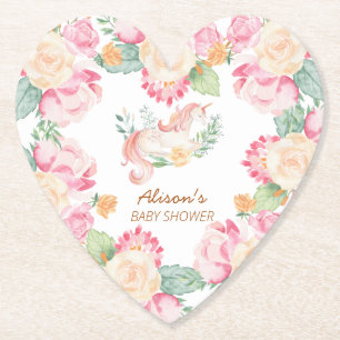 Pink Yellow Unicorn Floral Baby Shower Heart Paper Coaster