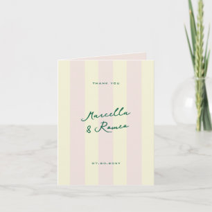 Pink Yellow Vertical Stripes and Wedding Photo Thank You Card