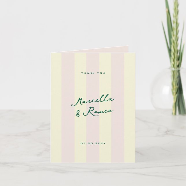 Pink Yellow Vertical Stripes and Wedding Photo Thank You Card (Front)