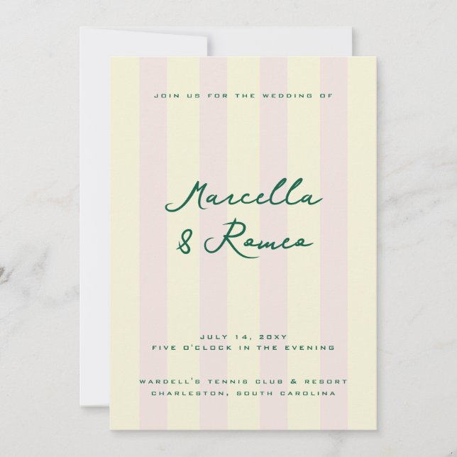 Pink Yellow Vertical Stripes Tennis Club Invitation (Front)