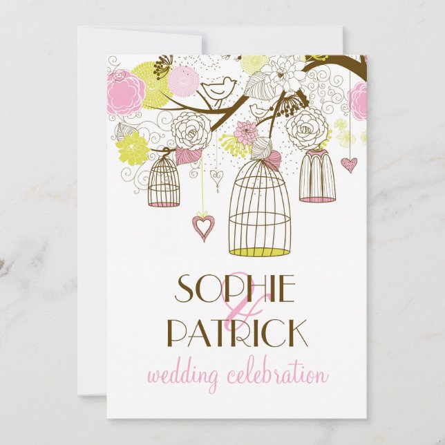 Pink & Yellow Vintage Birdcages Wedding Invitation (Front)