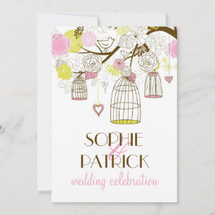 Pink & Yellow Vintage Birdcages Wedding Invitation