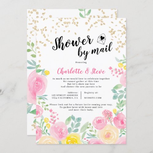 Pink yellow watercolor baby shower by mail invitation