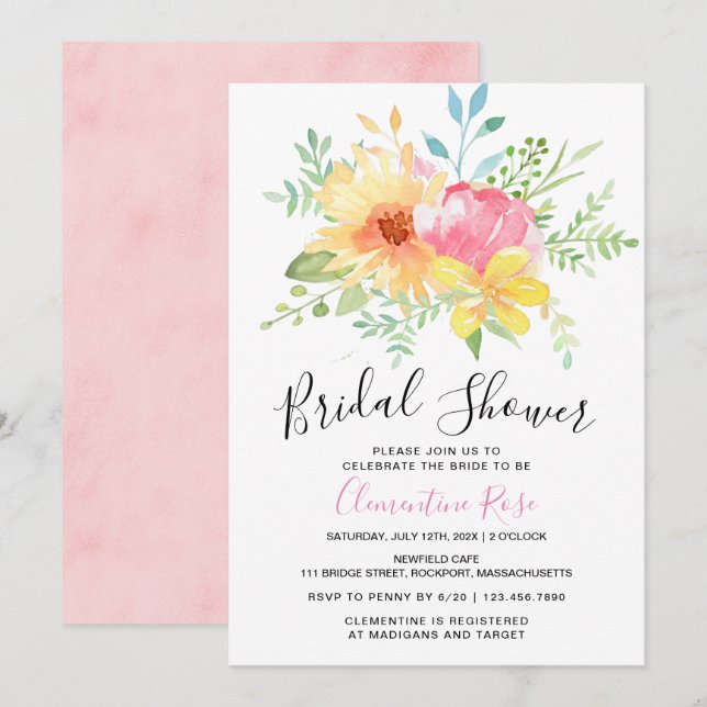 Pink Yellow Watercolor Bridal Shower Invitation (Front/Back)