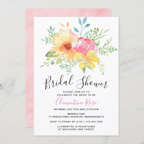Pink Yellow Watercolor Bridal Shower Invitation