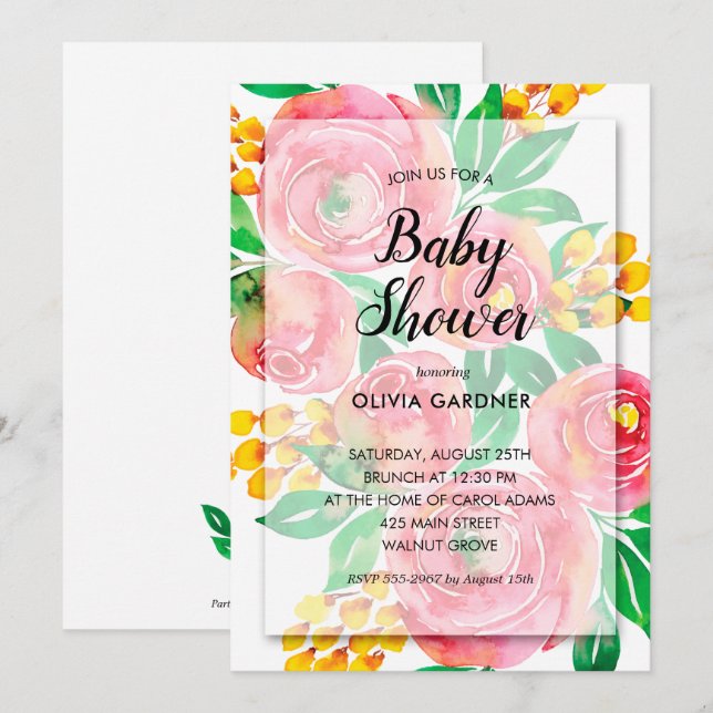 Pink Yellow Watercolor Floral Baby Shower Invites (Front/Back)