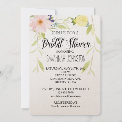 Pink Yellow Watercolor Floral bridal shower Invitation