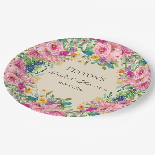 Pink Yellow Watercolor Floral Bridal Shower Paper Plates