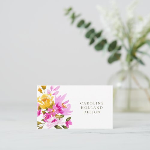 Pink Yellow Watercolor Floral Flower Simple Design Business Card