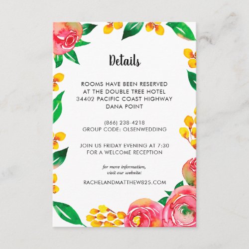Pink Yellow Watercolor Floral Guest Info Card