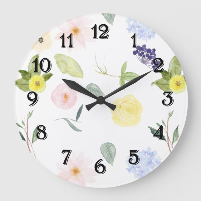 Pink Yellow Watercolor Floral Large Clock (Front)